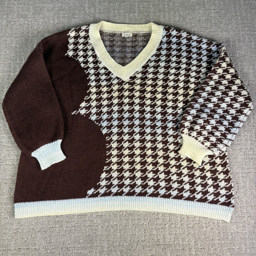 POL Houndstooth Colorblock Knit Sweater Women V Neck Oversized Brown Ivory Small